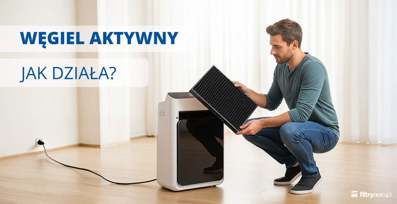 Mężczyzna klęczy przy białym oczyszczaczu powietrza i wkłada do niego czarny filtr z węglem aktywnym. Na grafice widnieją napisy: „WĘGIEL AKTYWNY” oraz „JAK DZIAŁA?”.