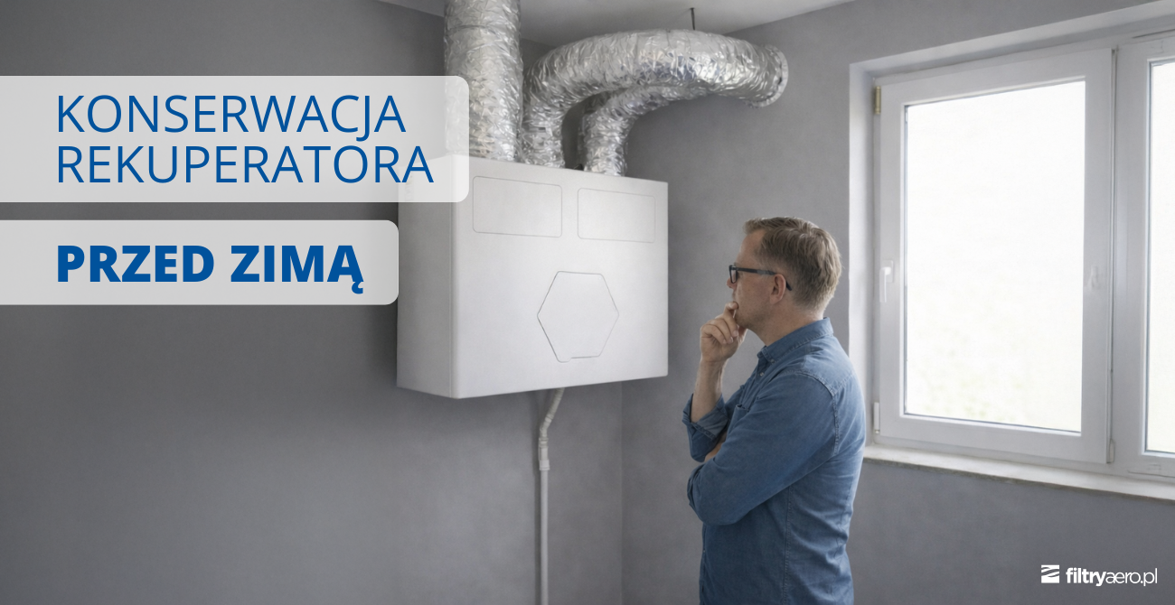 Grafika przedstawiająca rekuperator zamontowany na ścianie w pomieszczeniu technicznym oraz mężczyznę analizującego urządzenie przed sezonem zimowym. Na grafice widoczny jest napis "KONSERWACJA REKUPERATORA PRZED ZIMĄ".