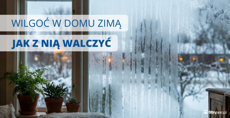Grafika przedstawiająca zaparowane okno w domu zimą, z widoczną wilgocią na szybie oraz napisem "WILGOĆ W DOMU ZIMĄ - JAK Z NIĄ WALCZYĆ", ilustrująca problem nadmiernej wilgotności w sezonie grzewczym.