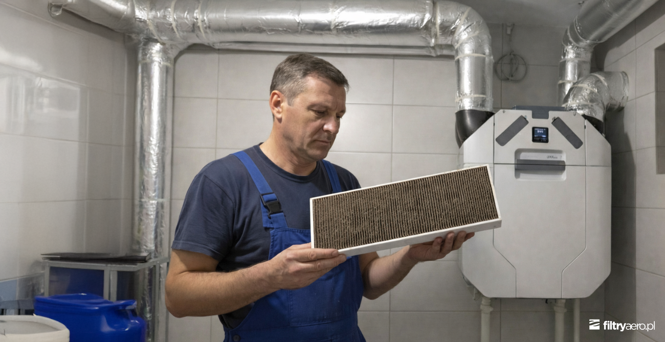 Grafika przedstawiająca serwisanta sprawdzającego zużyty filtr rekuperatora w pomieszczeniu technicznym z centralą wentylacyjną i instalacją rekuperacji.