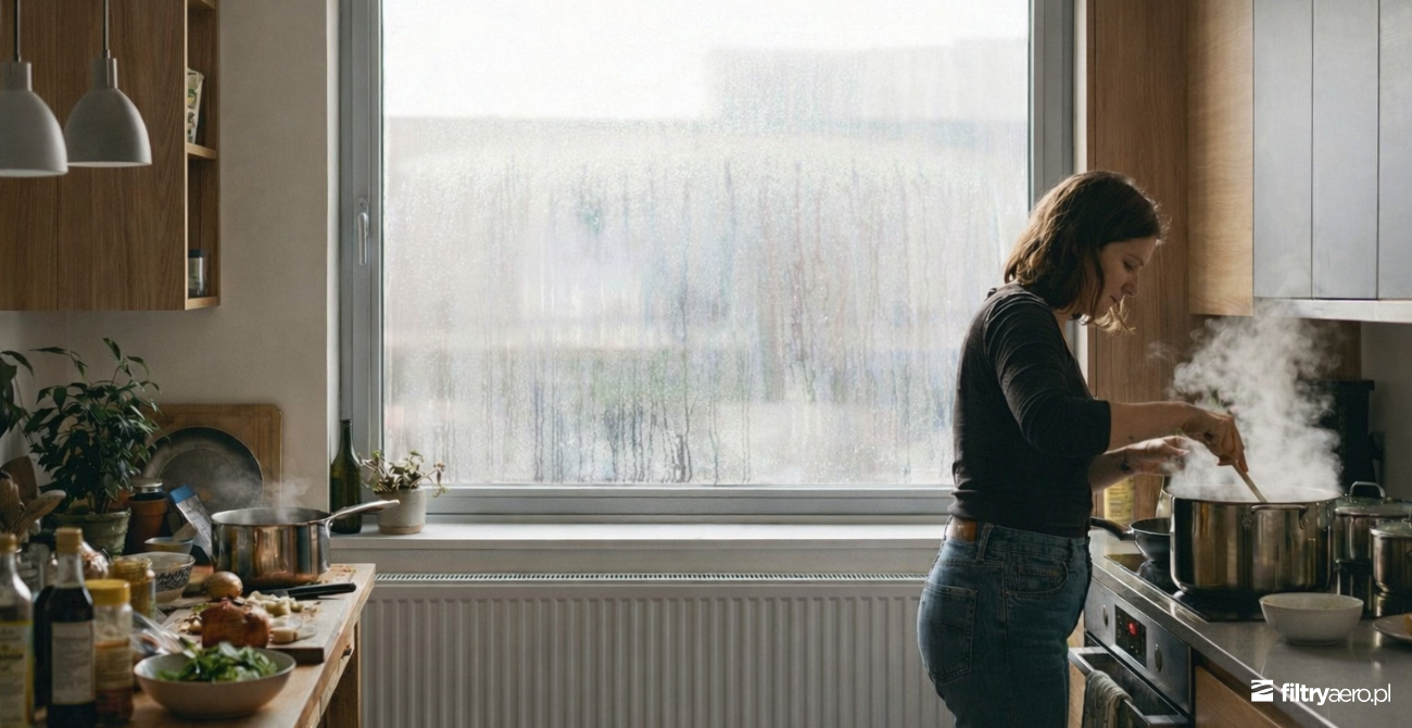 Grafika przedstawiająca kobietę gotującą w kuchni zimą, z widoczną parą wodną oraz zaparowanym oknem, ilustrująca problem nadmiernej wilgoci w domu podczas codziennych czynności.