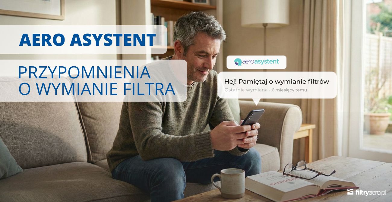Grafika przedstawiająca mężczyznę otrzymującego na telefon przypomnienie Aero Asystent o wymianie filtra, ilustrująca automatyczne powiadomienia o konieczności wymiany filtrów.