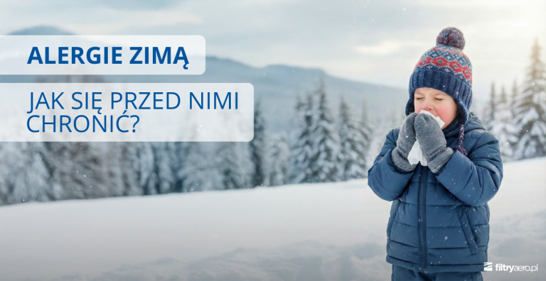 Grafika przedstawiająca dziecko ubrane w zimową odzież, stojące na śniegu i kichające w chusteczkę, z zimowym krajobrazem w tle. Na grafice widoczny jest napis: „Alergie zimą – jak się przed nimi chronić?”.