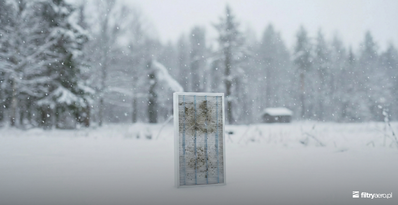 Grafika przedstawiająca filtr powietrza na tle zimowego krajobrazu, symbolizująca ochronę przed zanieczyszczeniami powietrza w sezonie grzewczym.
