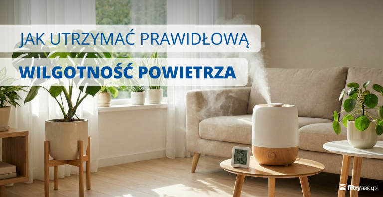 Grafika przedstawiająca salon z nawilżaczem powietrza i roślinami, pokazująca jak utrzymać prawidłową wilgotność powietrza w domu.