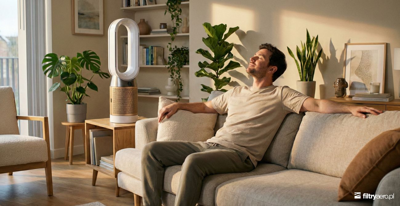 Mężczyzna relaksujący się na kanapie w salonie z nowoczesnym oczyszczaczem powietrza, symbolizujący czyste i zdrowe powietrze w domu.