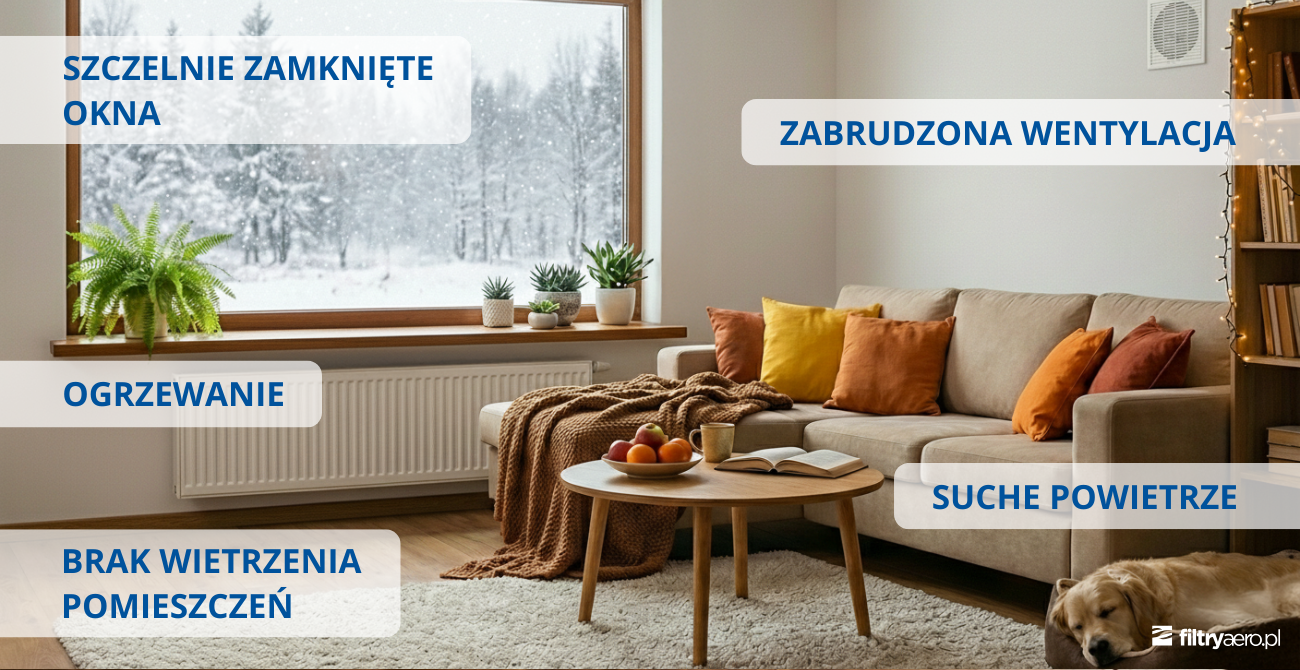 Grafika przedstawiająca salon zimą z opisanymi przyczynami suchego powietrza w domu, takimi jak szczelnie zamknięte okna, ogrzewanie, brak wietrzenia pomieszczeń oraz zabrudzona wentylacja.