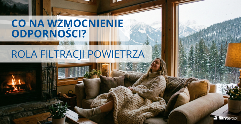 Grafika przedstawiająca relaksującą scenę w zimowym salonie, ilustrującą rolę filtracji powietrza w domu we wzmacnianiu odporności organizmu w sezonie grzewczym.