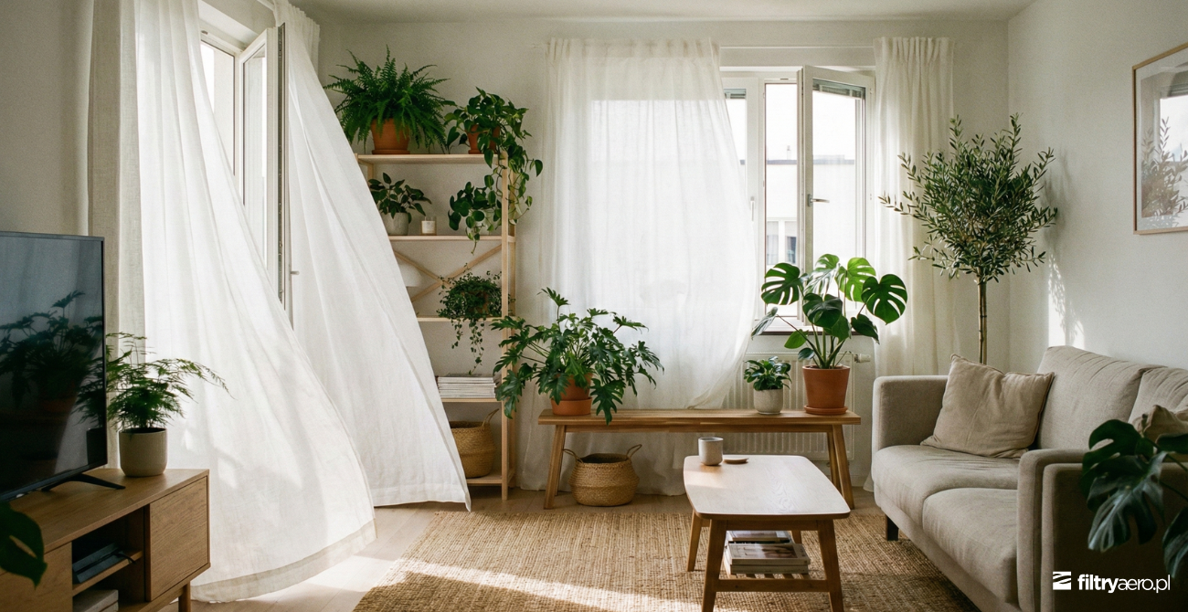Grafika przedstawiająca jasny salon z dużą ilością roślin doniczkowych oraz uchylonymi oknami, przez które wpada świeże powietrze. Wnętrze ilustruje naturalną wentylację mieszkania i sposób na poprawę jakości powietrza w domu.
