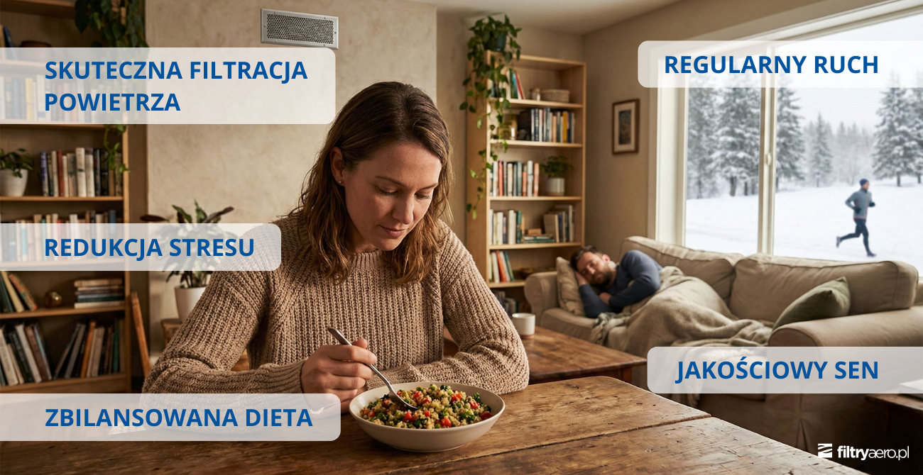 Grafika przedstawiająca kobietę jedzącą zdrowy posiłek przy stole w salonie, w którym widoczna jest kratka wentylacyjna oraz rośliny. W tle mężczyzna odpoczywa na kanapie, a za oknem widać zimowy krajobraz i osobę biegającą. Na grafice umieszczono hasła: „Skuteczna filtracja powietrza”, „Redukcja stresu”, „Zbilansowana dieta”, „Regularny ruch” oraz „Jakościowy sen”.