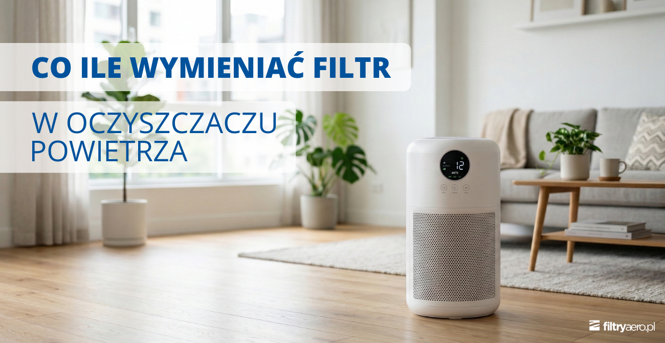 Oczyszczacz powietrza w salonie oraz informacja co ile wymieniać filtry w oczyszczaczu powietrza.