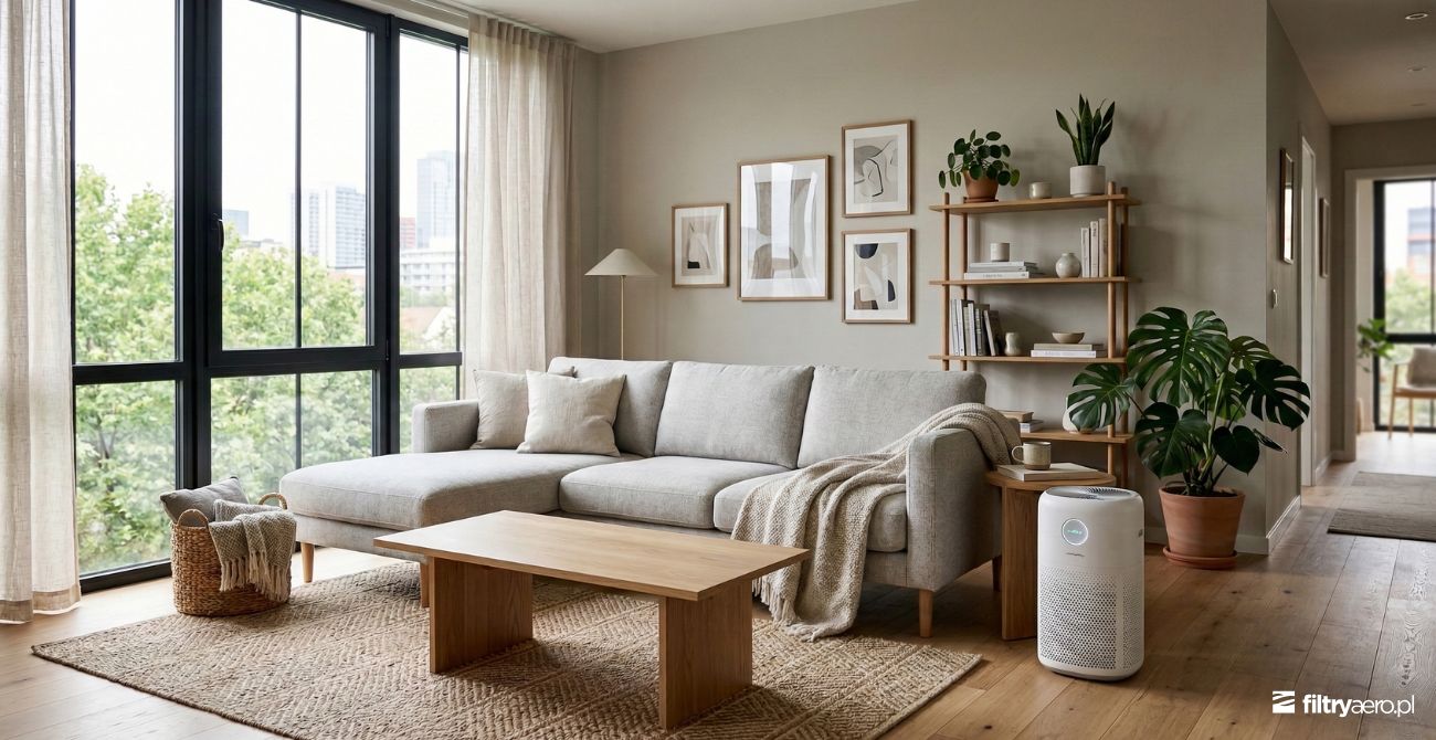 Grafika przedstawiająca nowoczesny salon z dużymi oknami, roślinami i oczyszczaczem powietrza stojącym obok kanapy, ilustrująca poprawę jakości powietrza w mieszkaniu.