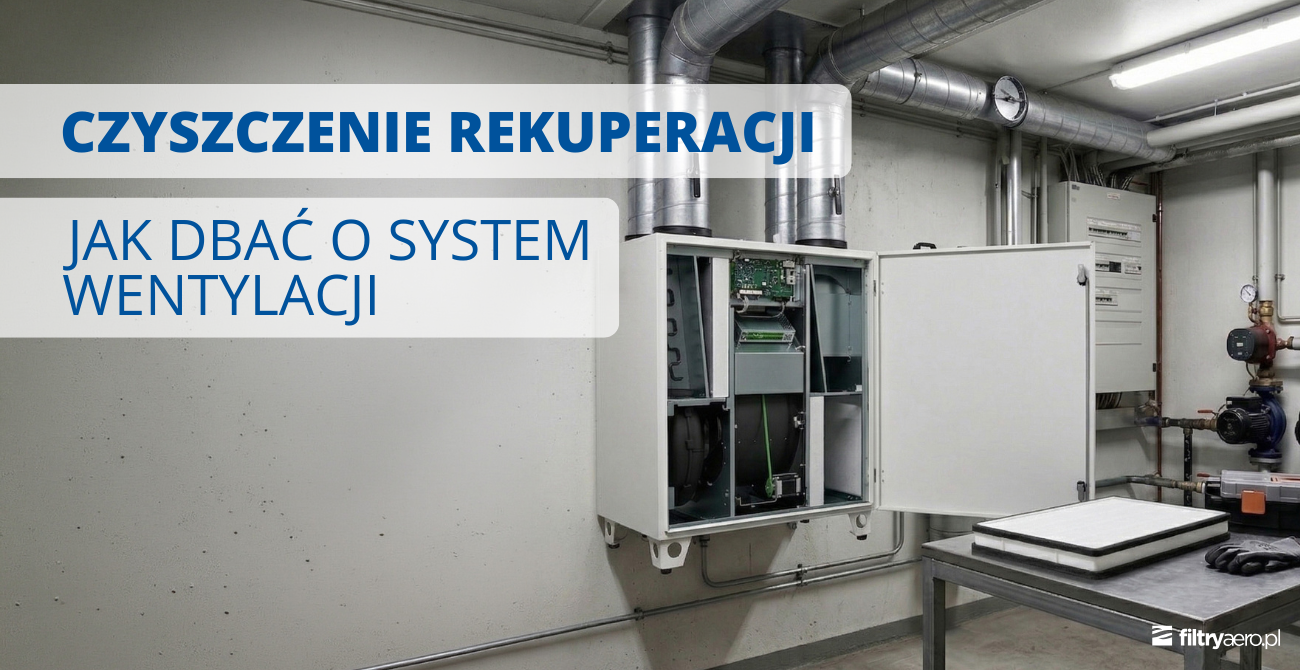 Grafika przedstawiająca centralę wentylacyjną z otwartą obudową oraz widocznymi kanałami wentylacyjnymi. Na grafice widoczny jest napis: „Czyszczenie rekuperacji – jak dbać o system wentylacji”.