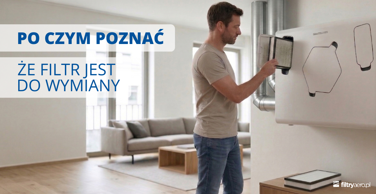 Grafika przedstawiająca mężczyznę wymieniającego filtr w systemie wentylacyjnym w domu. Na grafice widoczny jest napis: „Po czym poznać, że filtr jest do wymiany”.