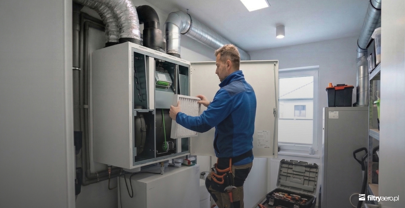 Grafika przedstawiająca technika wymieniającego filtr w centrali wentylacyjnej w pomieszczeniu technicznym.