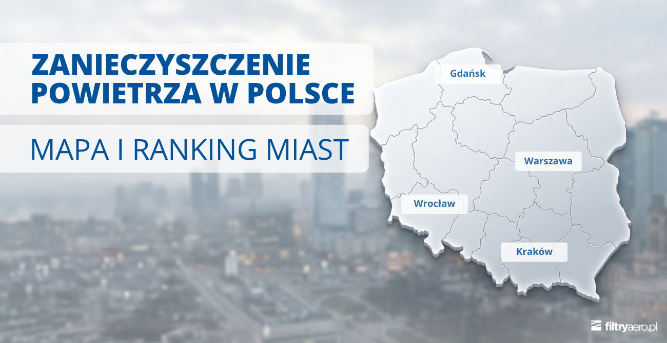Grafika przedstawiająca mapę Polski z zaznaczonymi miastami (Gdańsk, Warszawa, Wrocław, Kraków) na tle rozmytego, zanieczyszczonego miasta. Na grafice widoczny jest napis: „Zanieczyszczenie powietrza w Polsce – mapa i ranking miast”.