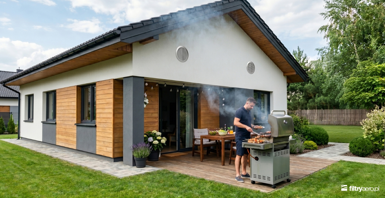 Grill na tarasie przy domu – dym z grilla unoszący się w kierunku budynku.