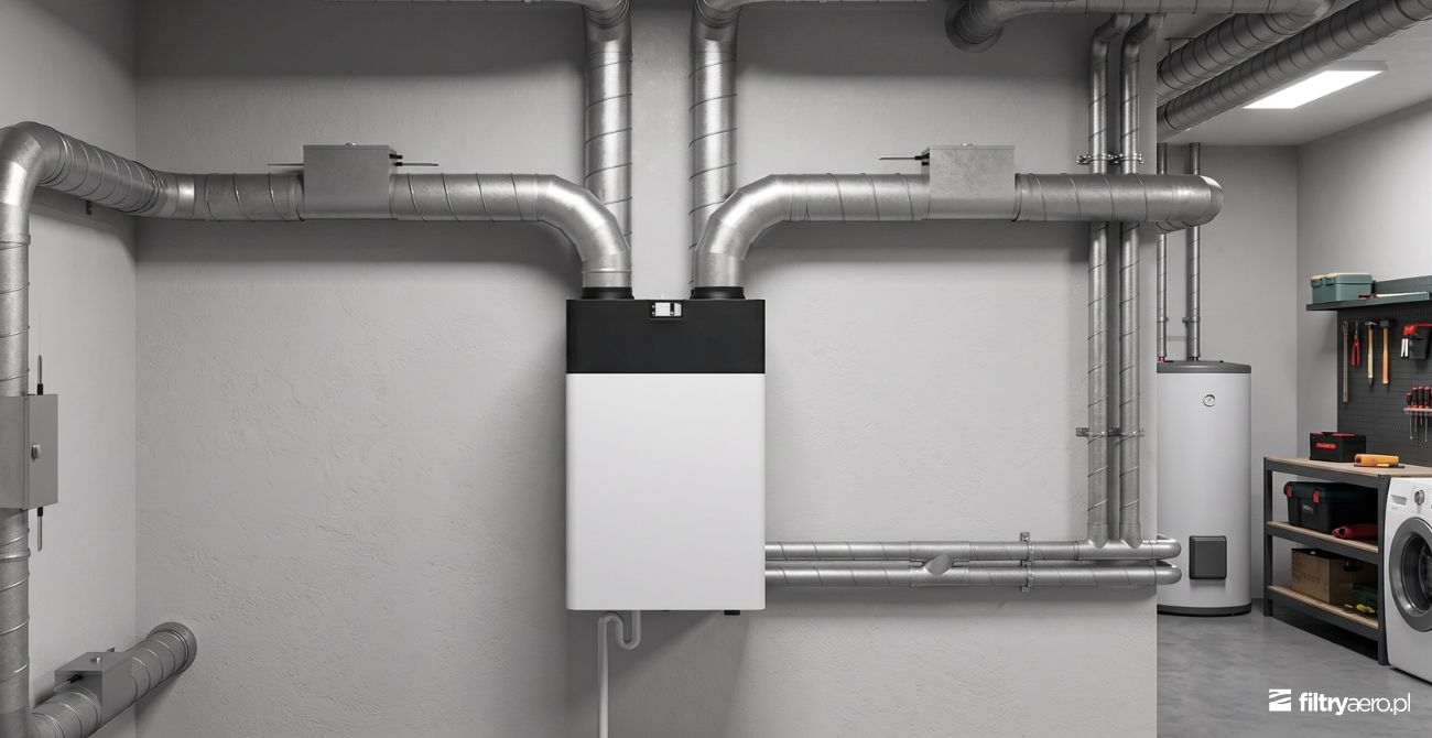 Centrala rekuperacji z instalacją kanałów wentylacyjnych w pomieszczeniu technicznym.