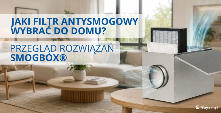 Grafika przedstawiająca filtr antysmogowy SMOGBOX® w domowym wnętrzu, z widocznym przepływem powietrza przez urządzenie.