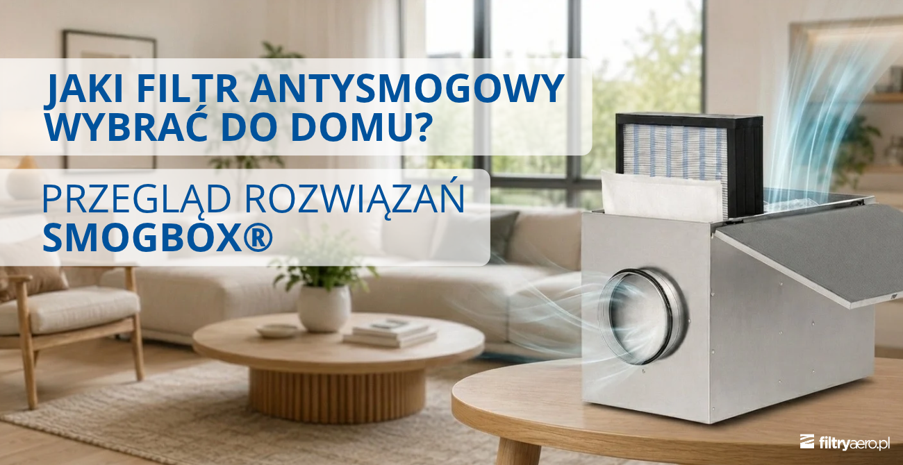 Grafika przedstawiająca filtr antysmogowy SMOGBOX® w domowym wnętrzu, z widocznym przepływem powietrza przez urządzenie.